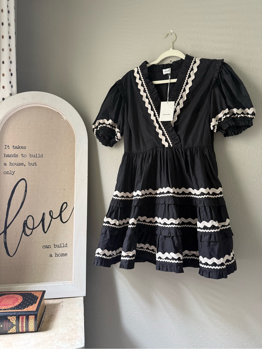AUREUM Black Dress with White Scallop Trim - Puff Sleeve Tiered Dress